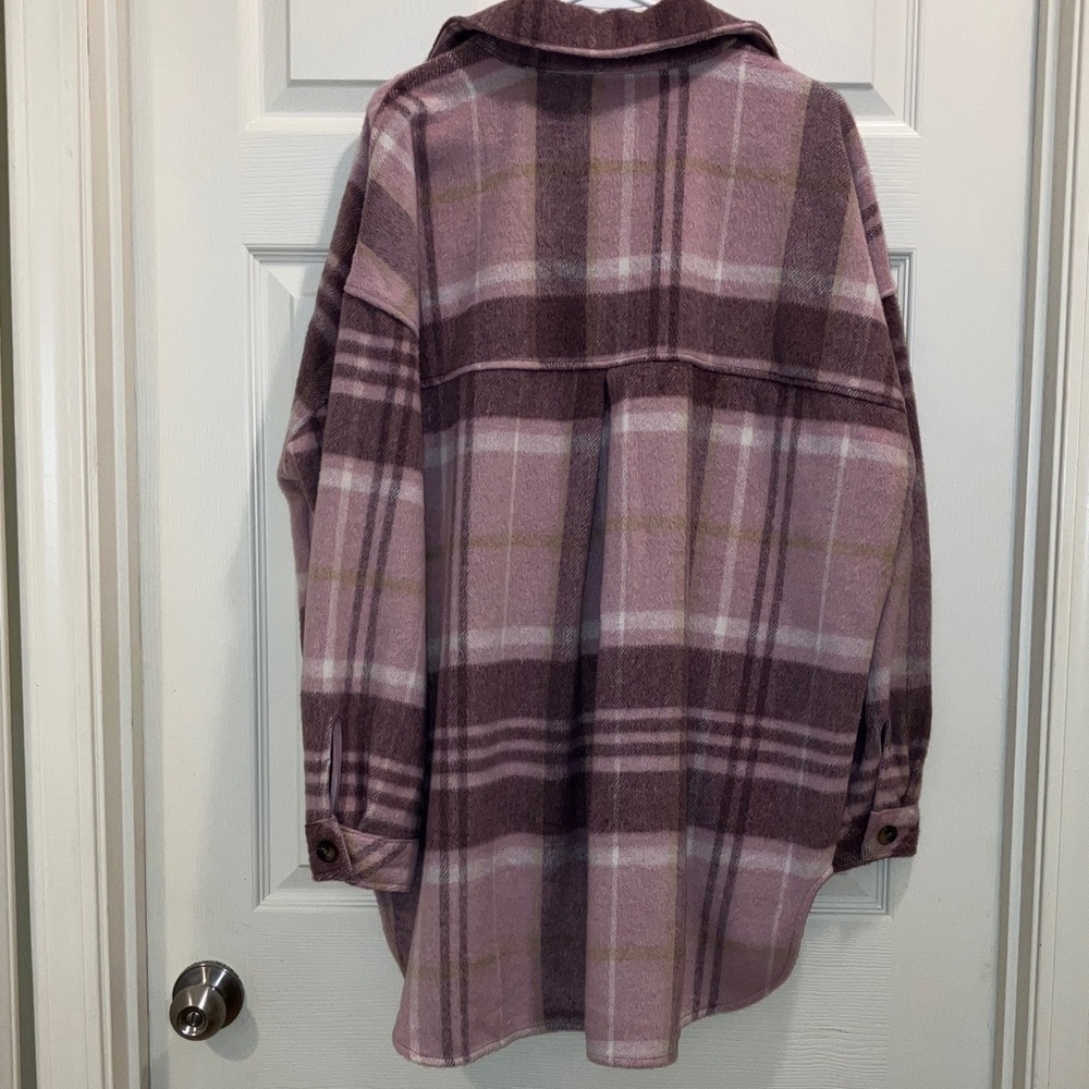 SO Plaid Shacket Jacket Women Pink Mauve Cream Longline Button Front L Oversized - Picture 4 of 4